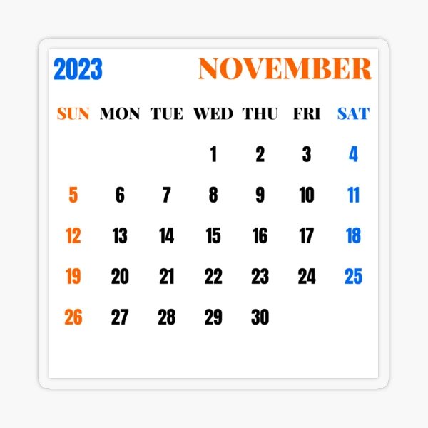 November 2023 Calendar" Sticker for Sale by Binsagar | Redbubble