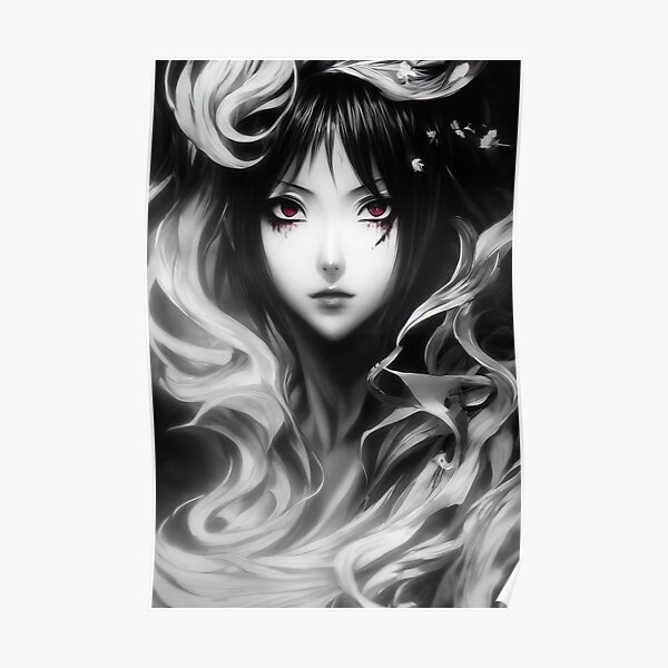 "Black and white anime flower girl in smoke" Poster for Sale by