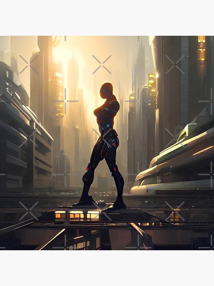 Disover Cyborg Walking In Futuristic City At Sunrise Canvas
