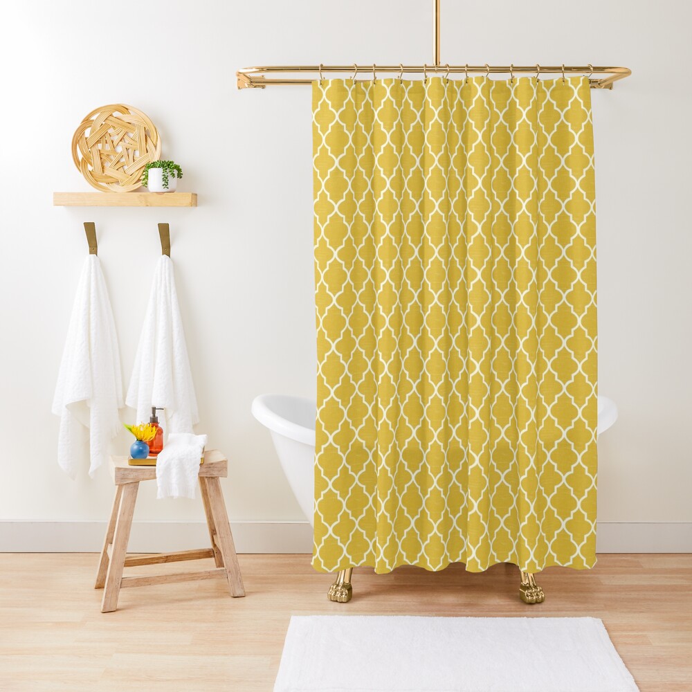 Dark Sulphur yellow white quatrefoil Shower Curtain