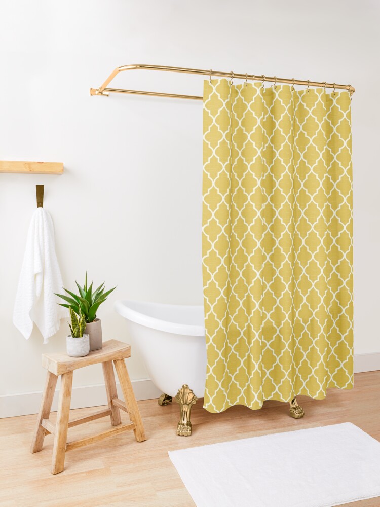 Alternate view of Dark Sulphur yellow white quatrefoil Shower Curtain