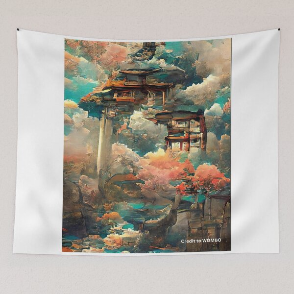 Item preview, Abstract Japanese colorful, floral, pagoda landscape art print wall art prints, canvas mounted prints and posters. designed and sold by JoelsCorner.