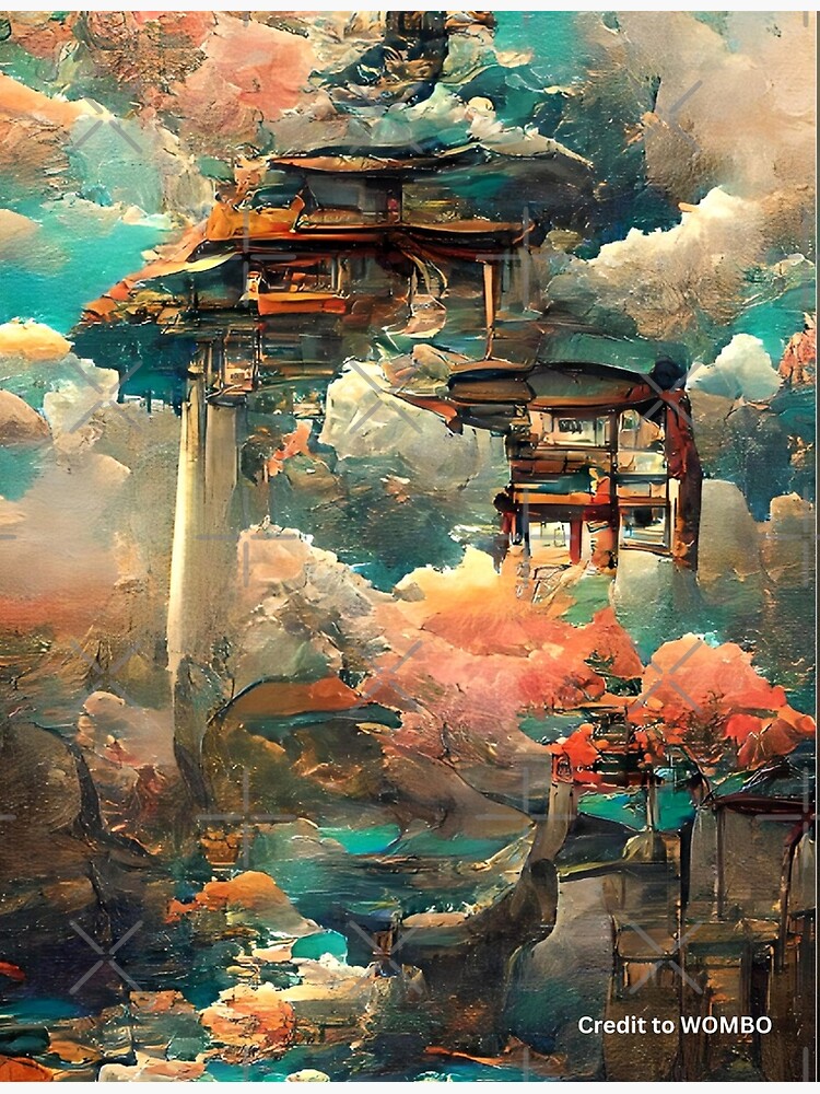 Abstract Japanese colorful, floral, pagoda landscape art print wall art  prints, canvas mounted prints and posters.