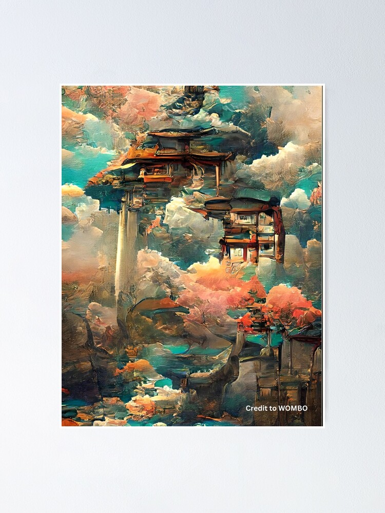 Abstract Japanese colorful, floral, pagoda landscape art print wall art  prints, canvas mounted prints and posters. Poster for Sale by JoelsCorner