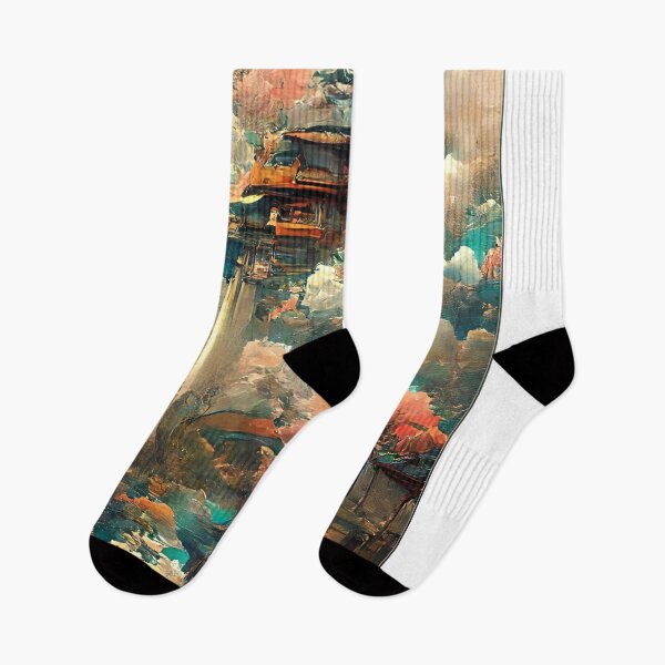 Item preview, Abstract Japanese colorful, floral, pagoda landscape art print wall art prints, canvas mounted prints and posters. designed and sold by JoelsCorner.