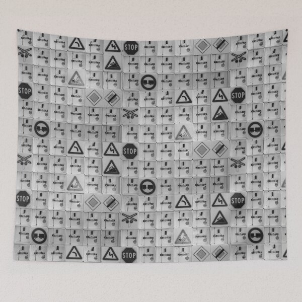 Item preview, Mainteinance Panel of a Driving School With Lights and Stop Signs black And white Photography designed and sold by tribaltrouble.