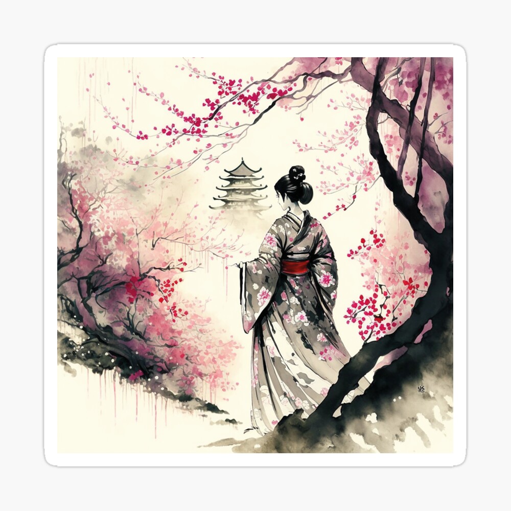 Beautiful Geisha in cherry blossom garden - sumi-e painting