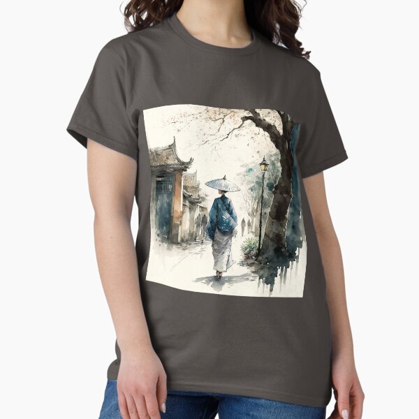 Aperçu de l'œuvre Femme vietnamienne dans la vieille ville - peinture sumi-e créée et vendue par MaitionDesigns.