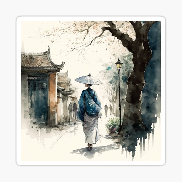 Vista previa del artículo con la obra «Mujer vietnamita en el casco antiguo - pintura sumi-e», diseñado y vendido por MaitionDesigns.