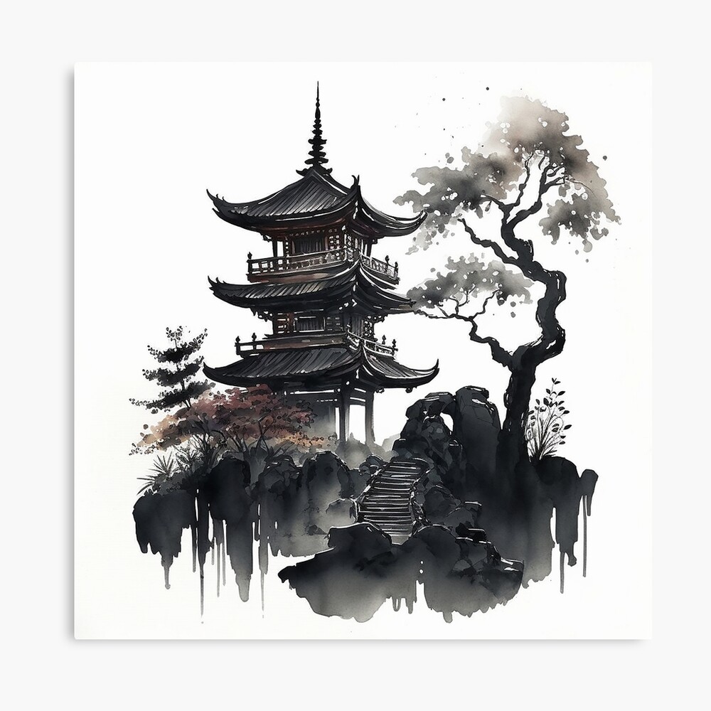 Japanese temple - sumi-e painting