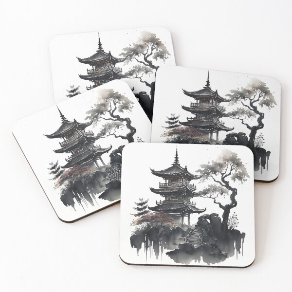 Item preview, Japanese temple - sumi-e painting designed and sold by MaitionDesigns.