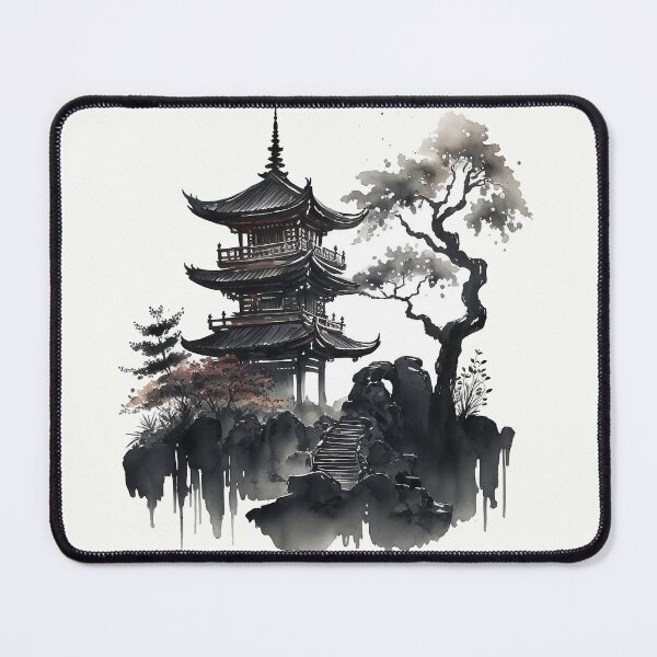 Item preview, Japanese temple - sumi-e painting designed and sold by MaitionDesigns.