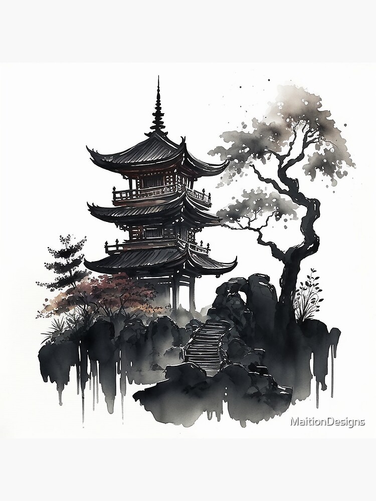 Japanese temple - sumi-e painting | Sticker
