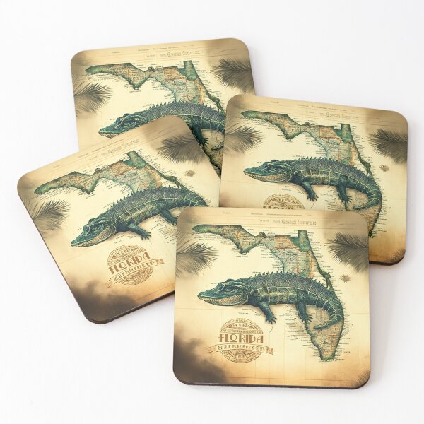 Item preview, Decorative vintage and nostalgic map of Florida state with a huge green retro alligator  designed and sold by ArtifactVault.