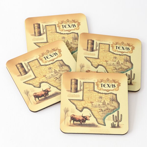 Item preview, Decorative vintage and nostalgic map of Texas state with retro oil barrels, longhorn bull and cactus designed and sold by ArtifactVault.