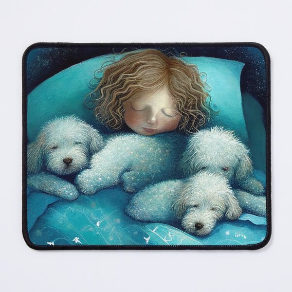 Item preview, Young Child Cuddled up Sleeping in Bed with her 3 Dogs  designed and sold by Susan  Gallagher.