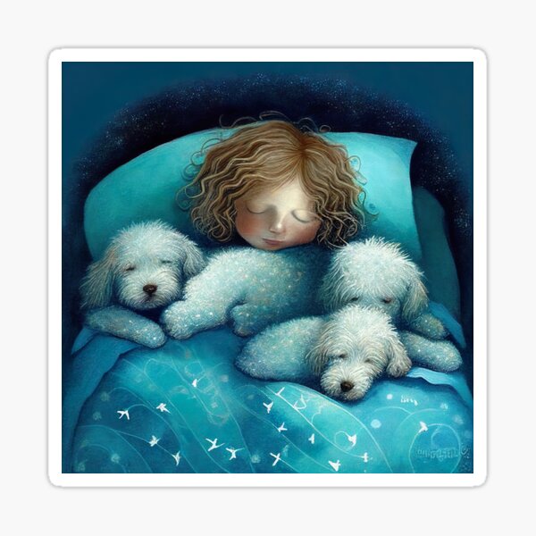 Item preview, Young Child Cuddled up Sleeping in Bed with her 3 Dogs  designed and sold by Susan  Gallagher.