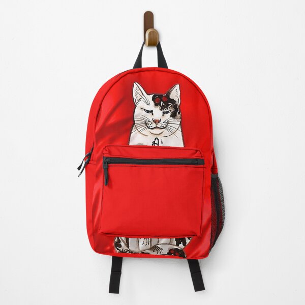 Item preview, Tattooed cat tattoo print - digitally enhanced remix on red background with palm leaf shadow designed and sold by Corinne Alexa Jackson.