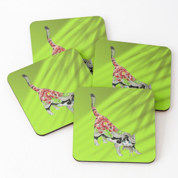 Item preview, Hunter tattooed cat tattoo art print - digitally enhanced with lime green background and palm leaf shadow designed and sold by Corinne Alexa Jackson.