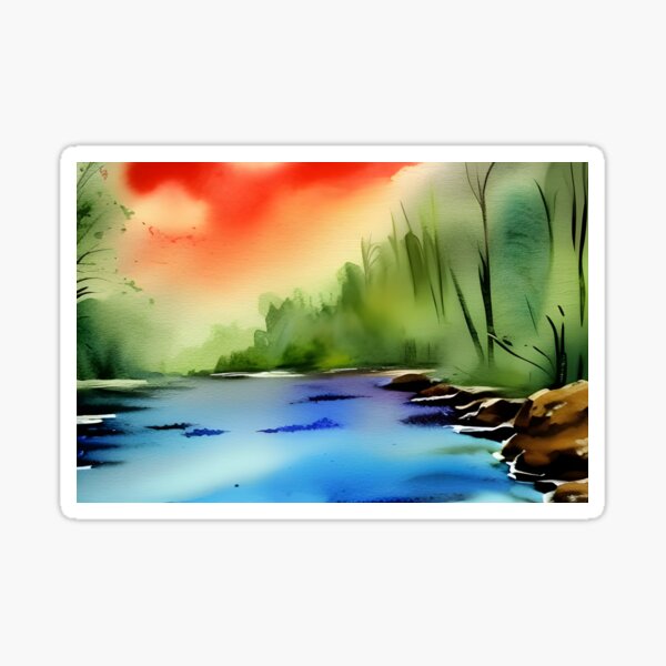 Vista previa del artículo con la obra «Río De Acuarela Al Atardecer», diseñado y vendido por brandway.