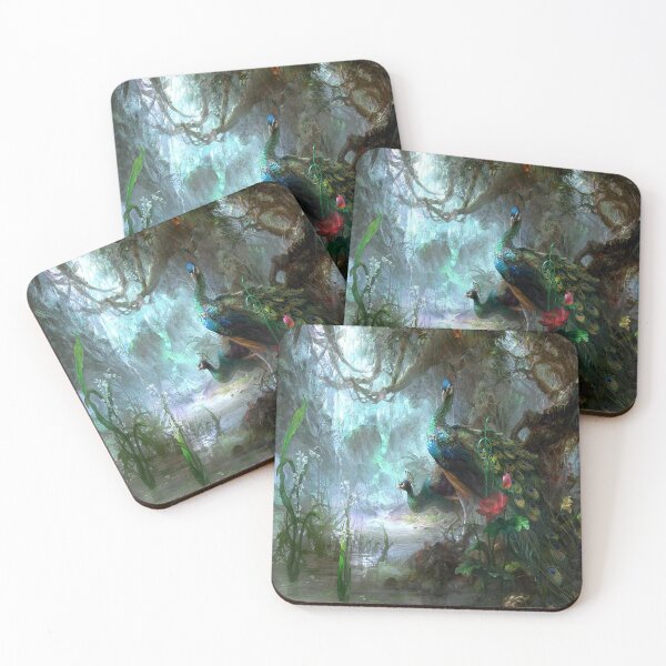 Item preview, Peacocks and flowers in the abstract forest designed and sold by bekzatungarov.