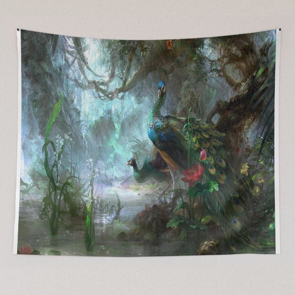 Item preview, Peacocks and flowers in the abstract forest designed and sold by bekzatungarov.