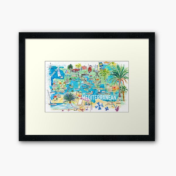 Item preview, Illustrated Mediterranean Sea Travel Poster Map with Spain Italy Greece Palma Ibiza designed and sold by artshop77.