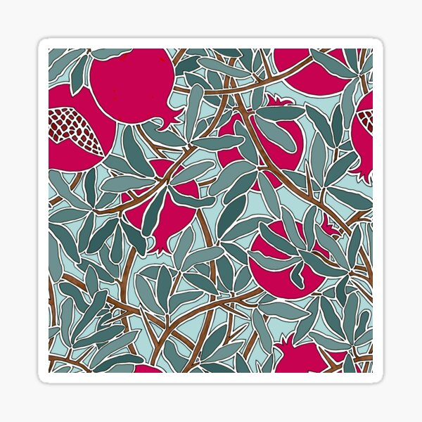 Pomegranates, Seeds, Branches in Teal Tones and Fuchsia Sticker