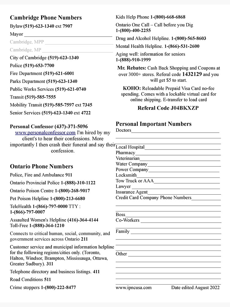 "Cambridge, Ontario. Canada Important Phone Numbers " Sticker for Sale