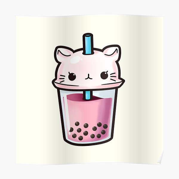 "Kawaii Cat Pink Strawberry Boba Tea" Poster for Sale by angelhalos