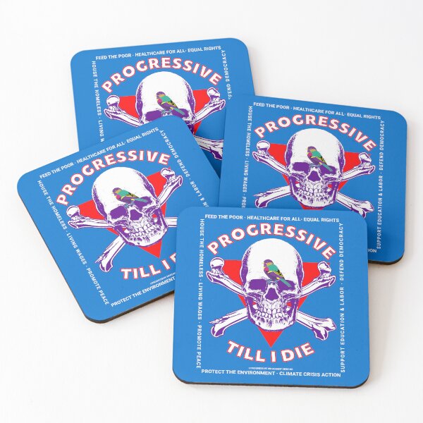 Artikelvorschau, PMD00184 Progressive Movement Designs Skull Progressive Till I Die auf Blau mit regenbogenfarbenem Vogel für Progressive entworfen und verkauft von ProgressiveLeft.