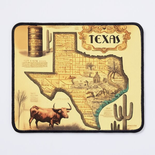 Item preview, Decorative vintage and nostalgic map of Texas state with retro oil barrels, longhorn bull and cactus designed and sold by ArtifactVault.