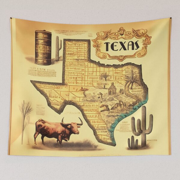 Item preview, Decorative vintage and nostalgic map of Texas state with retro oil barrels, longhorn bull and cactus designed and sold by ArtifactVault.
