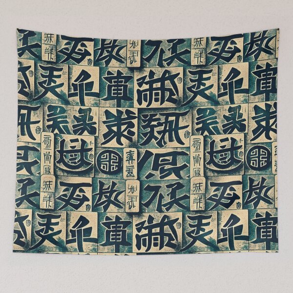 Item preview, Vintage and nostalgic decorative Japanese hieroglyphs green and beige pattern designed and sold by ArtifactVault.