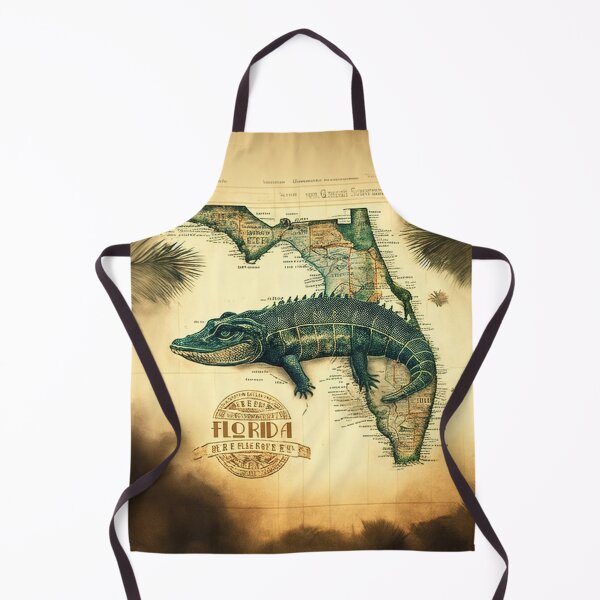 Item preview, Decorative vintage and nostalgic map of Florida state with a huge green retro alligator designed and sold by ArtifactVault.