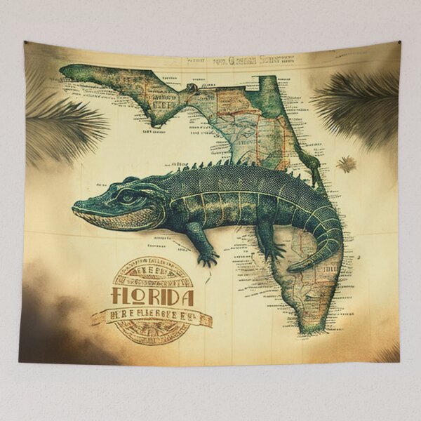 Item preview, Decorative vintage and nostalgic map of Florida state with a huge green retro alligator  designed and sold by ArtifactVault.