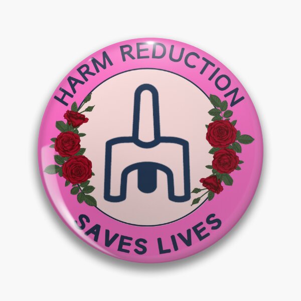 Item preview, harm reduction saves lives sticker, pin, pink floral designed and sold by worldcylinder.