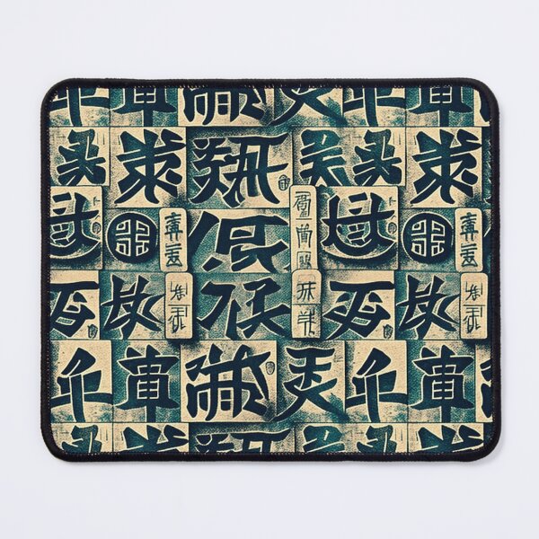 Item preview, Vintage and nostalgic decorative Japanese hieroglyphs green and beige pattern designed and sold by ArtifactVault.