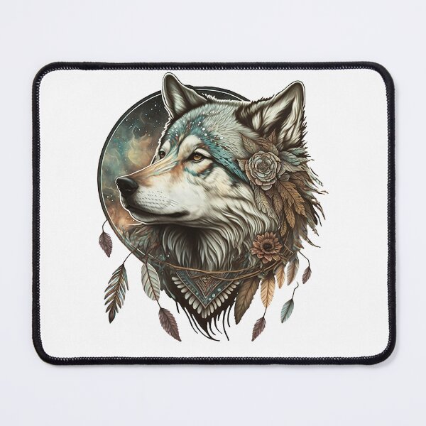 Item preview, Boho Wolf Painting with roses and Feathers - Spirit Animal Portrait designed and sold by photo4u2.