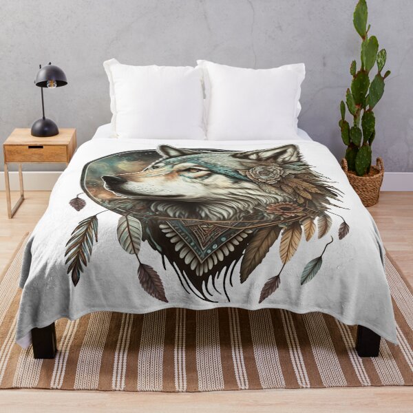 Artikelvorschau, Boho Wolf Painting mit Rosen und Federn - Spirit Animal Portrait entworfen und verkauft von photo4u2.