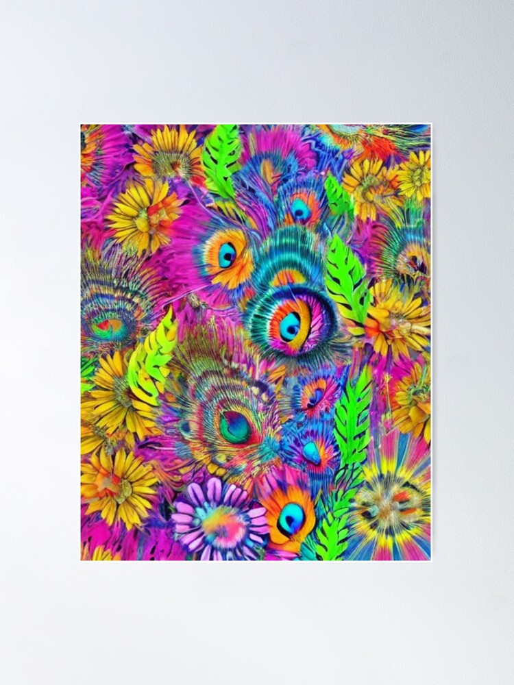 Colorful Peacock feathers vivid abstract bird wings eyes vibrant peacock  painting fern sunflower psychedelic elegant luxurious high class lady  vibrant  Poster for Sale by weird83