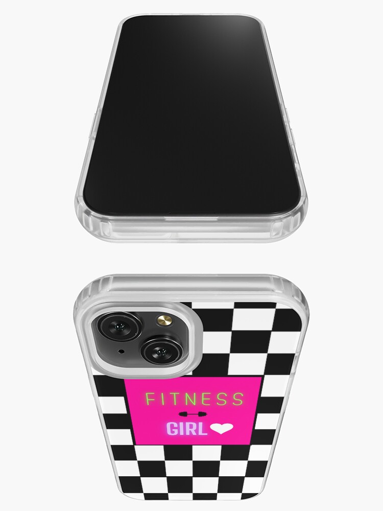 FITNESS GIRL CHECKERED #1 PINK BLACK BACKGROUND BAR BELL MEME | iPhone Case