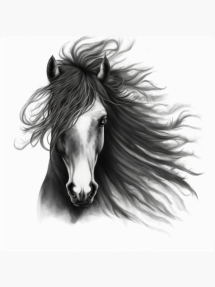 Cheval noir et blanc avec une crini re fluide Dessin au crayon Cheveux en d sordre Poster