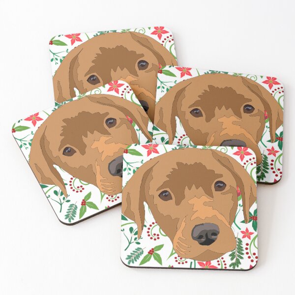 Item preview, Dark yellow/ light red lab With a winter patterned background  designed and sold by LeahcarsArt.