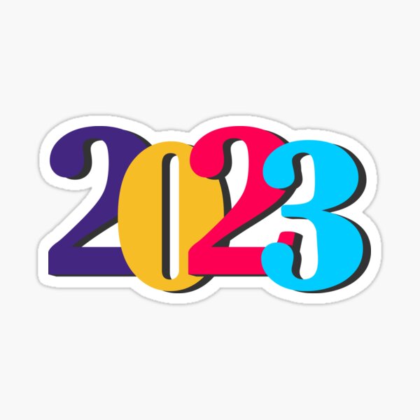 "2023 written in purple, yellow, red and blue" Sticker for Sale by