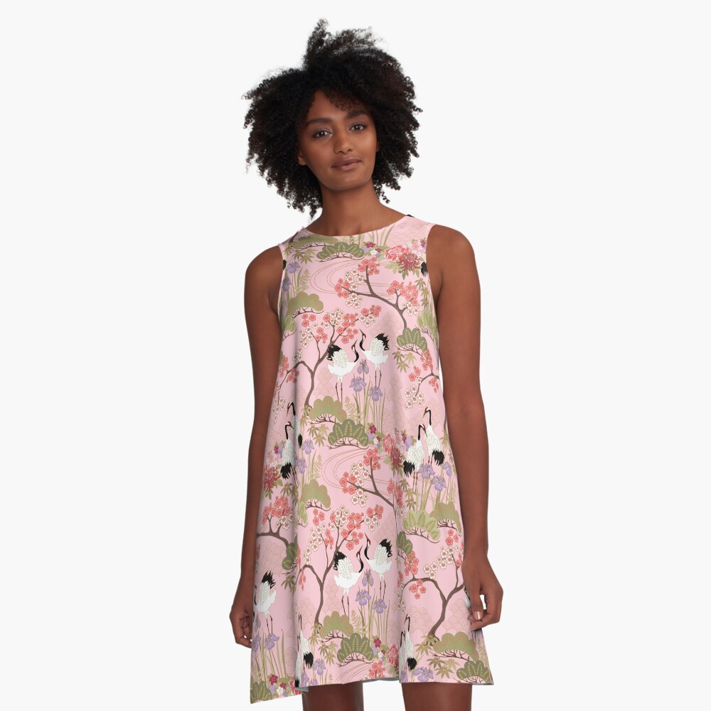 Japanese Garden in Pink A-Line Dress