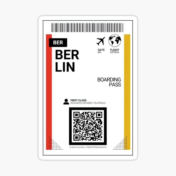 "Ber, Berlin, Germany - Flight Boarding Pass Travel Ticket" Sticker for