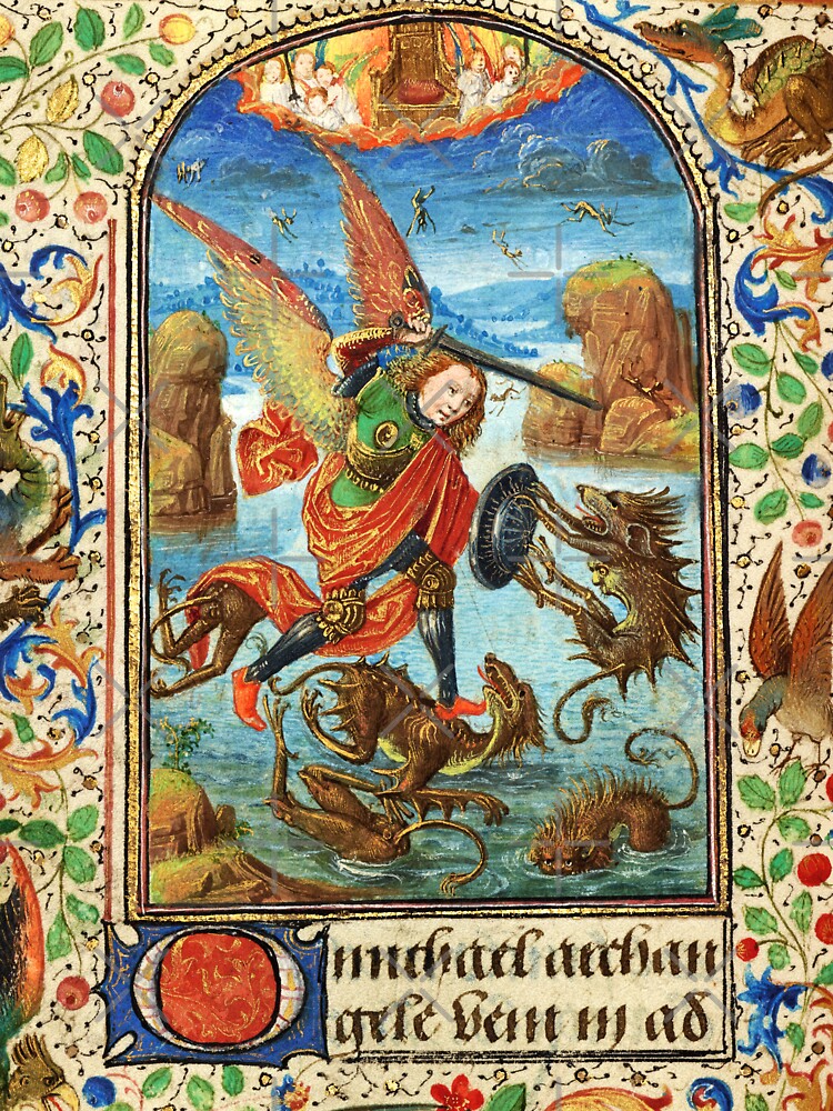 ST. MICHAEL ARCHANGEL STRIDES INTO A BATTLE AGAINST A MONSTROUS