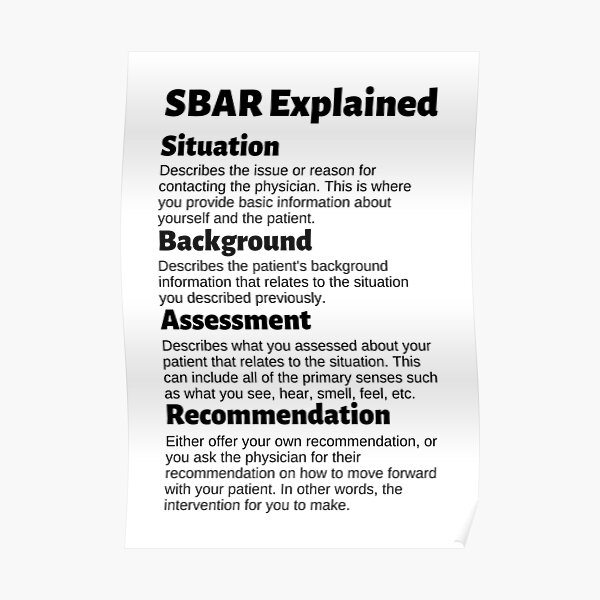 Situation Background Assessment Recommendation SBAR Mnemonic Poster