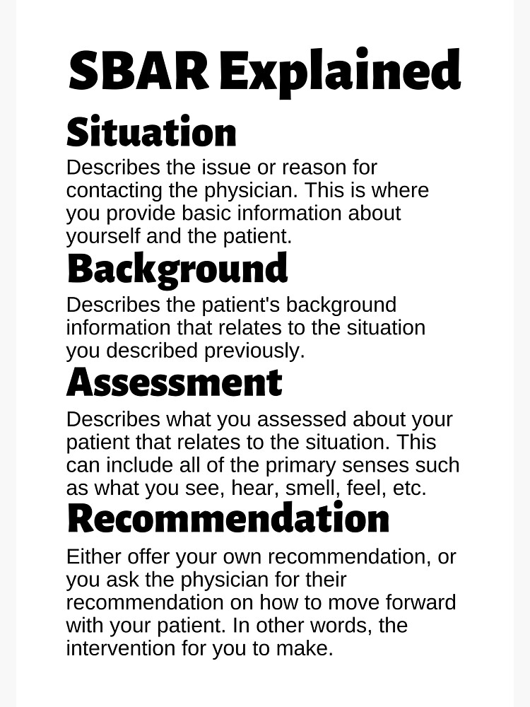 "Situation Background Assessment Recommendation SBAR Mnemonic" Sticker ...